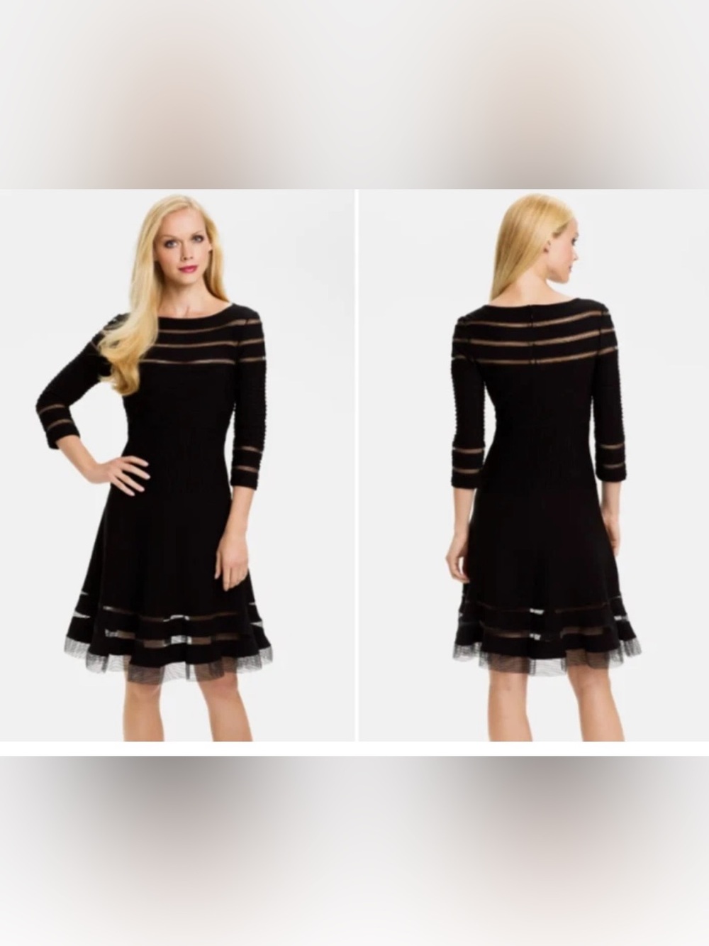 TADASHI SHOJI Black Illusion Sheer Mesh Stripe Pleated Fit & Flare Dress size Sm